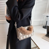 Female PU Leather Checkered Shoulder Bag Flip Plush Handle Mini Handle Bag