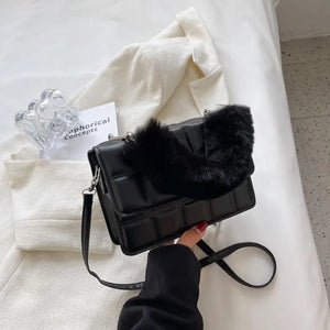Female PU Leather Checkered Shoulder Bag Flip Plush Handle Mini Handle Bag