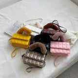 Female PU Leather Checkered Shoulder Bag Flip Plush Handle Mini Handle Bag