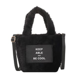 Women's Plush Bucket Handbag Letter Shoulder Bag Crossbody Warm Purse