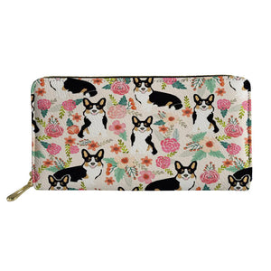 Floral Print Corgi Dog Wallet Large Capacity Leather Lady Coin Purse