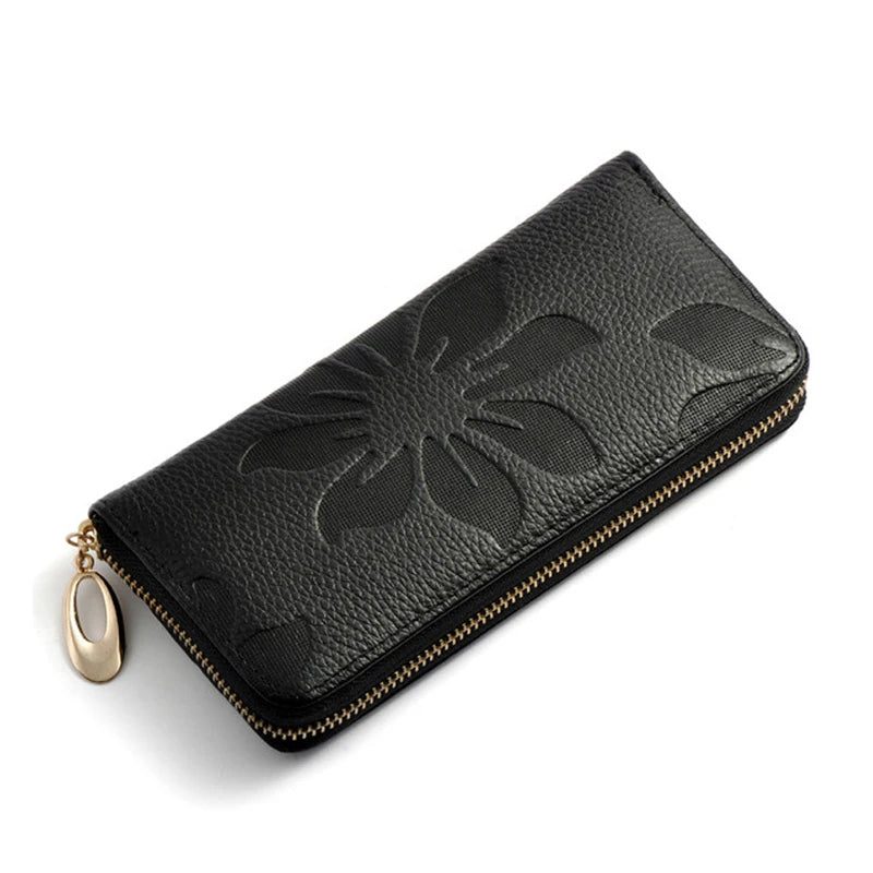 Women Leather Wallet Zip Flower Lady Long Purse Handbag