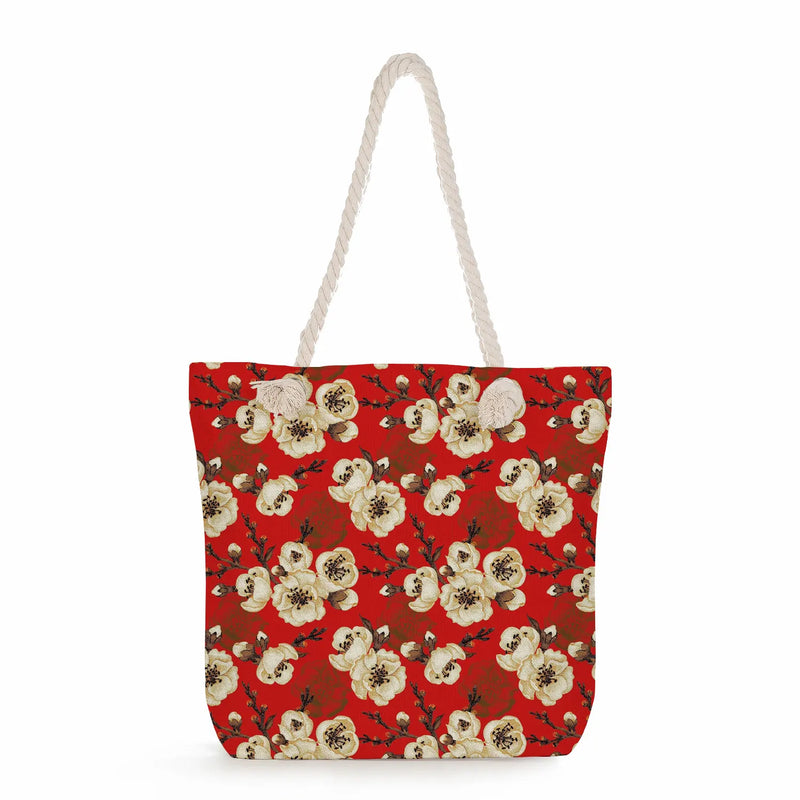 Women's Red Shoulder Bag Floral Print Handbag High Capacity Travel Tote