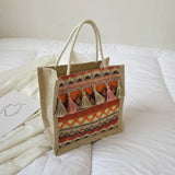 Female Retro Ethnic Shoulder Bag Linen Tassels Tote Handbag