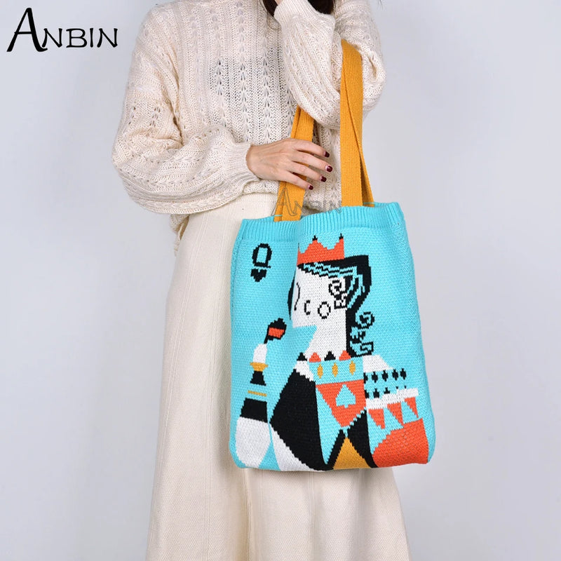 Female Woolen Crochet Shoulder Bag Vintage Handbag Tote