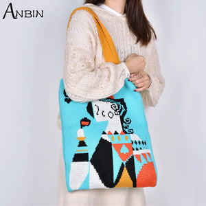 Female Woolen Crochet Shoulder Bag Vintage Handbag Tote