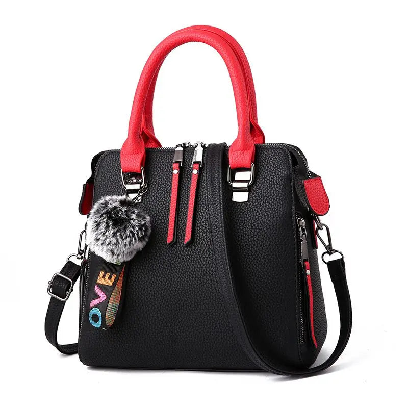 Solid PU Leather Women Messenger Bag with Fur Ball Crossbody Flap Bag
