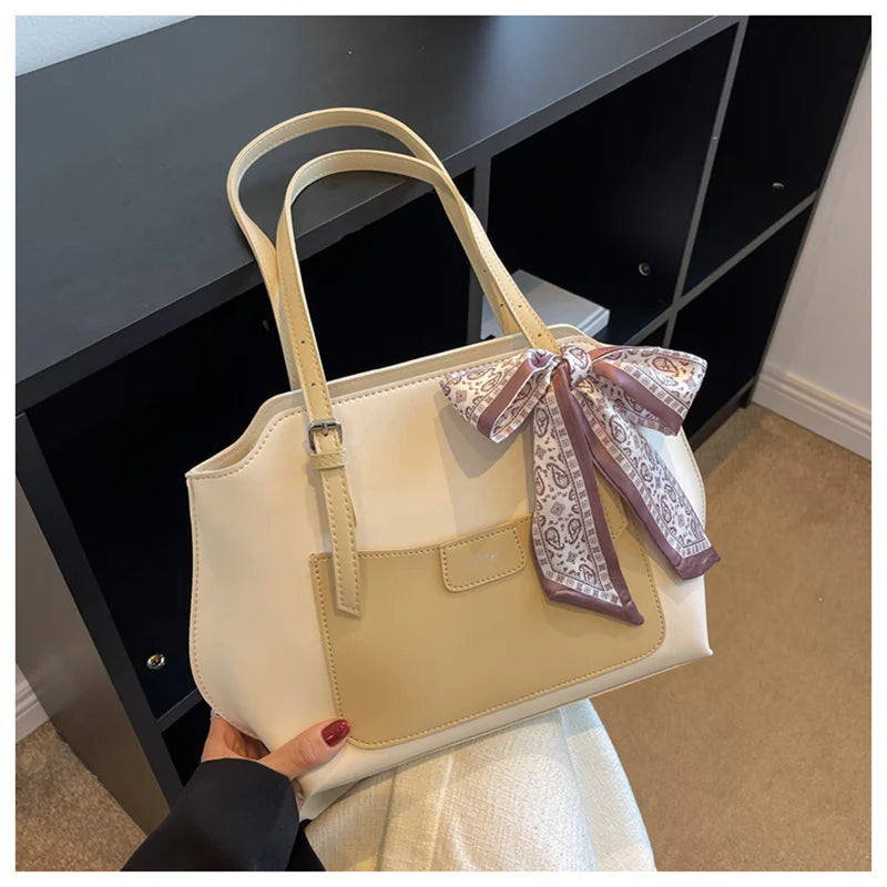 Female Silk Scarf Decoration Shopping Bag Soft Leather Tote