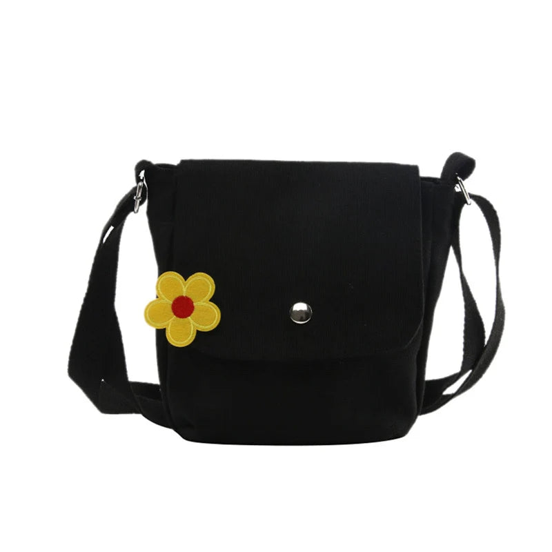 Women's Flower Canvas Crossbody Bag, White/Yellow/Black