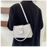 Women's Pearl Handbag Tote Bag, White/Khaki