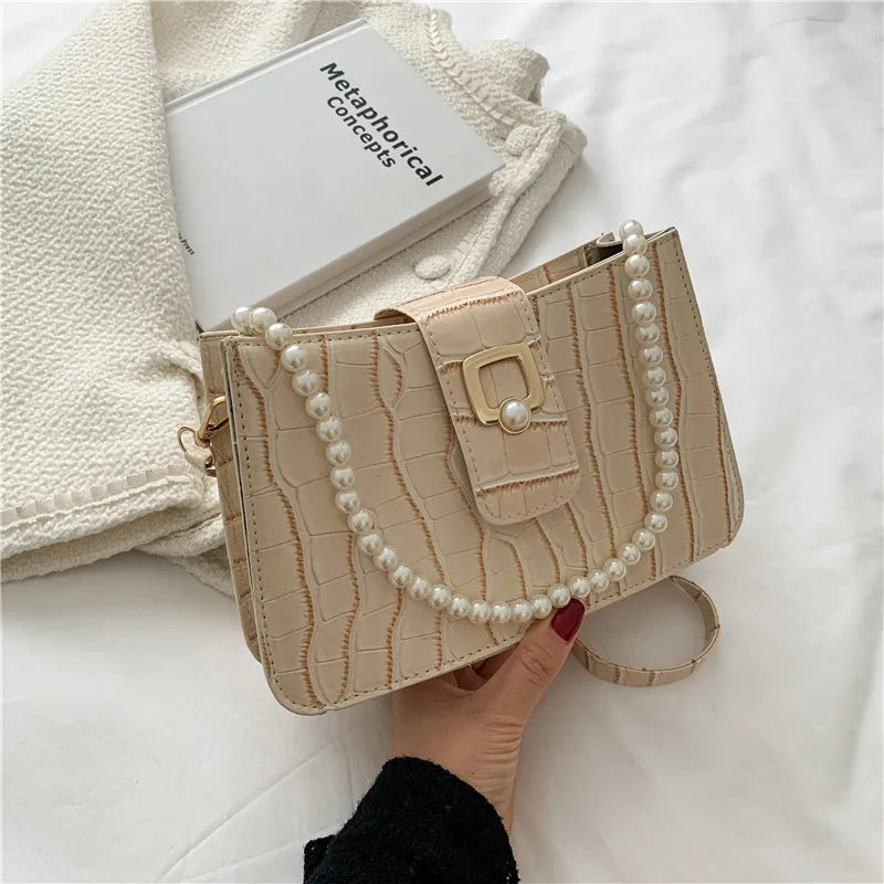 Women's Pearl Handbag Tote Bag, White/Khaki