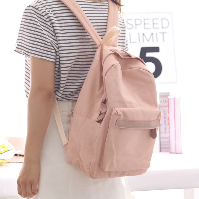 Small Fresh Canvas Backpack Women Solid School Backpacks for Teens