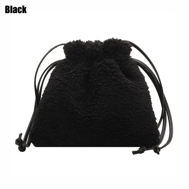 Female Plush Drawstring Shoulder Bag Tote Purse Bucket Bag