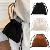 Female Plush Drawstring Shoulder Bag Tote Purse Bucket Bag
