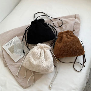 Female Plush Drawstring Shoulder Bag Tote Purse Bucket Bag