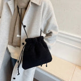 Female Plush Drawstring Shoulder Bag Tote Purse Bucket Bag