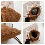 Female Plush Drawstring Shoulder Bag Tote Purse Bucket Bag