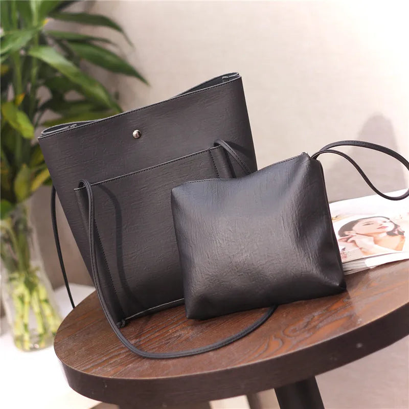 Female Solid Bucket PU Shoulder Bag Large Capacity Messenger