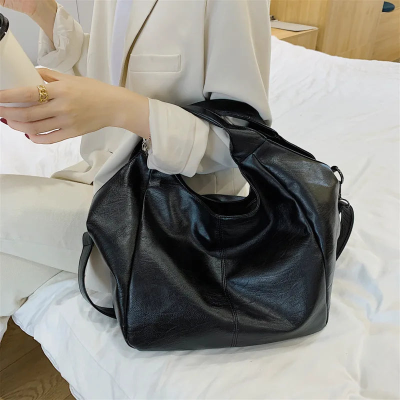 Black Leather Tote Hobo Bag Large Handbags for Women