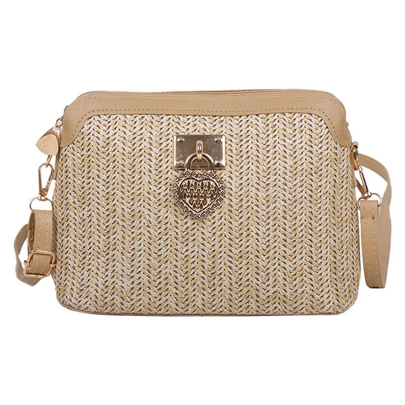 Women Summer Woven Shoulder Bag Love Heart Crossbody Messenger Bag