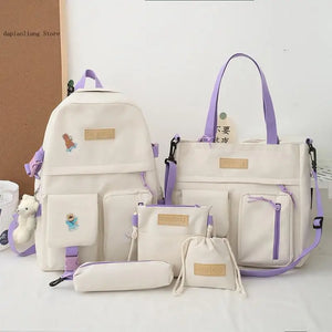 5-Pc Female Travel Backpack Set for Teen Girls Women School Laptop Shoulder Bags