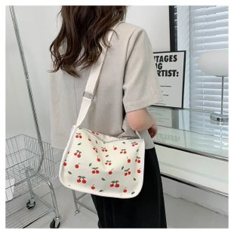 Cherry Print Leather Messenger Bag Thick Chain Handbag