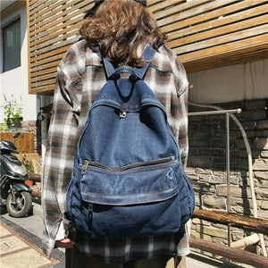 Vintage Denim School Backpack Soft Fabric Pockets Laptop Knapsack