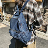 Vintage Denim School Backpack Soft Fabric Pockets Laptop Knapsack