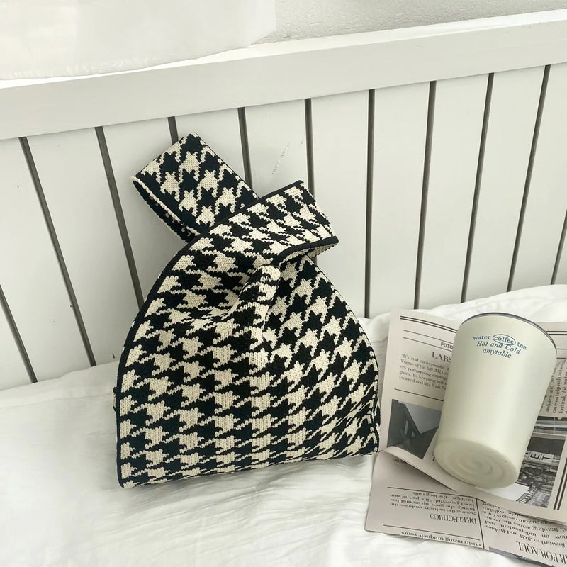 Vintage Houndstooth Crochet Knitted Japanese Knot Bag 90s Y2K