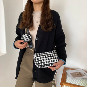 Vintage Plaid Shoulder Bag with Mini Round Purse Pendant - Casual Small Crossbod