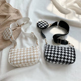 Vintage Plaid Shoulder Bag with Round Purse Pendant