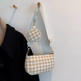 Vintage Plaid Shoulder Bag with Mini Round Purse Pendant