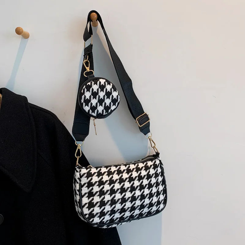 Vintage Plaid Shoulder Bag with Mini Round Purse Pendant