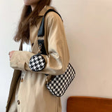 Vintage Plaid Shoulder Bag with Mini Round Purse Pendant