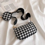 Vintage Plaid Shoulder Bag with Mini Purse Pendant