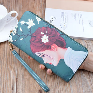 Female Wallet PU Leather Character Print Long Purse Zipper Cellphone Bag
