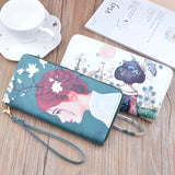 Female Wallet PU Leather Character Print Long Purse Zipper Cellphone Bag