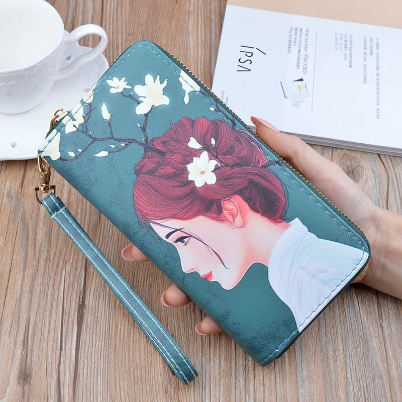 Female Wallet PU Leather Character Print Long Purse Zipper Cellphone Bag