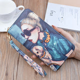 Female Wallet PU Leather Character Print Long Purse Zipper Cellphone Bag