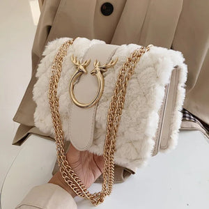 Winter Plush Fur Handbag Deer Lock Chain Shoulder Bag