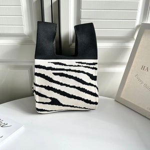 Wool Knitted Pleats Tote Organ Bag Stitching Contrast Shoulder Handbag