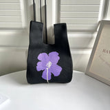 Wool Knitted Pleats Tote Organ Bag Stitching Contrast Shoulder Handbag