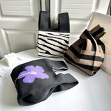 Wool Knitted Pleats Tote Organ Bag Stitching Contrast Shoulder Handbag
