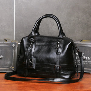 Vintage Oil Wax Leather Boston Bag with Pendant