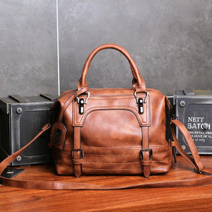 Vintage Oil Wax Leather Boston Bag with Pendant