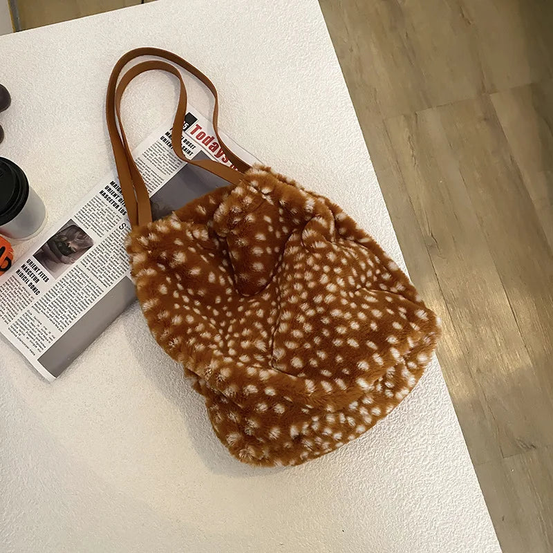 Leopard Print Plush Shoulder Bag - Personalized Tote