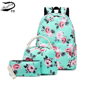 Girls Floral Backpack Set with Food Bag - Green Flowers School Bags
