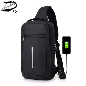 Reflective Strip Sling Chest Bag USB Waterproof Messenger Bag