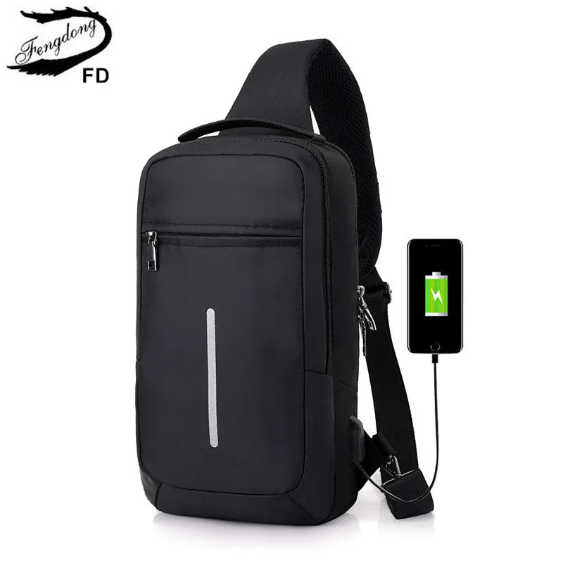 Reflective Strip Sling Chest Bag USB Waterproof Messenger Bag
