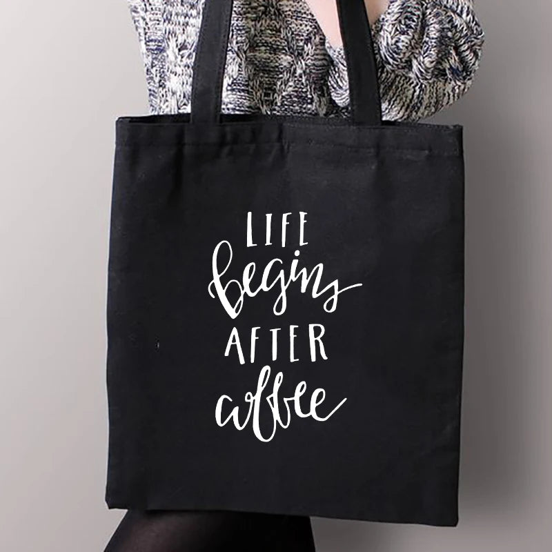 Coffee Print Canvas Shopping Tote Bag Mom Life Women Cotton Book Bags